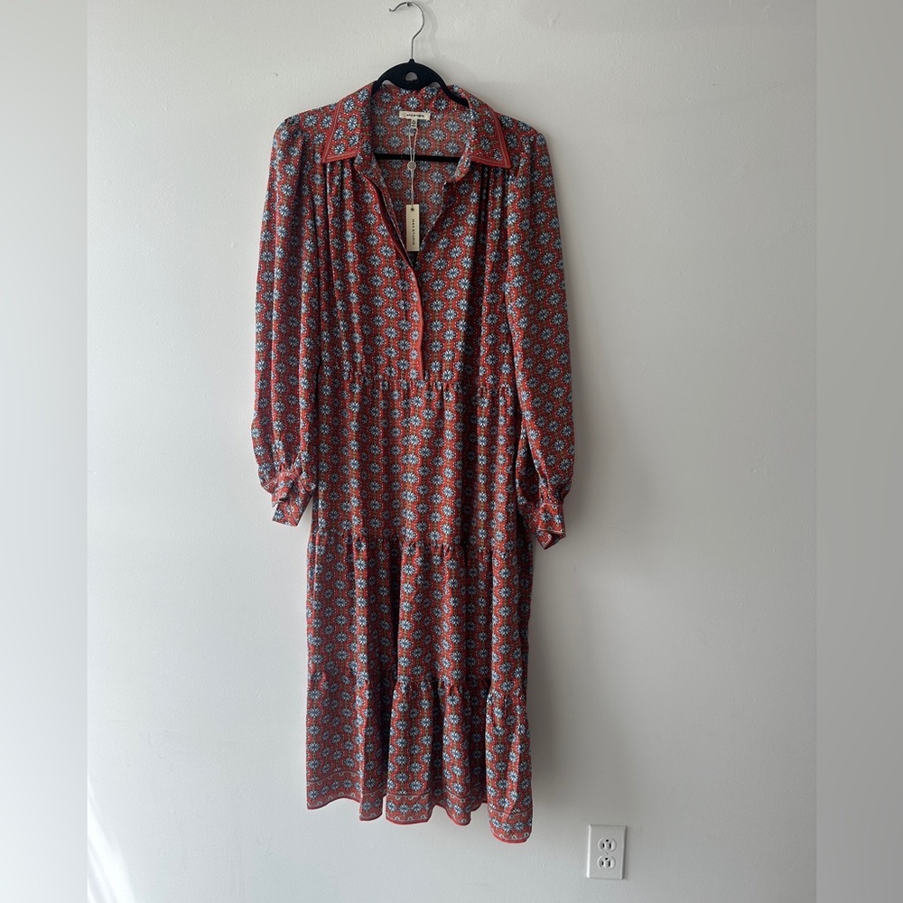 NWT -Max Studio - Maxi Length Long Sleeve Dress -Button up - Red/Blue Pattern-XL